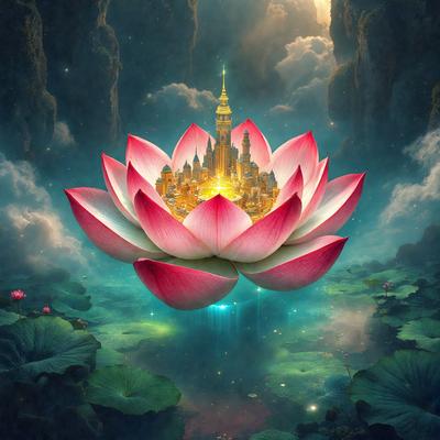 The primary subject of the image is a large, beautifully colored flower, which is the main focus of the scene. The flower is situated in a lush, green environment, with a backdrop of a castle. The visual style of the image is a combination of photo and digital art, creating a vibrant and captivating scene. The dominant colors in the image are pink and green, giving the flower a fresh and lively appearance. The overall atmosphere of the image is serene and picturesque, with the flower and castle